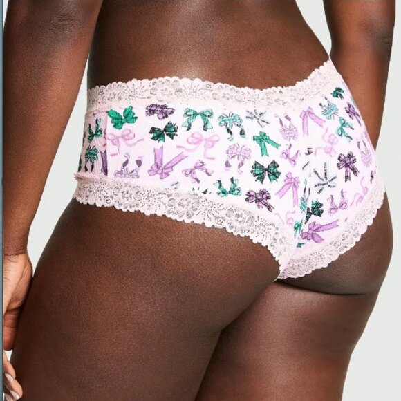 PINK Victoria Secret Cotton Ribbed Cheeky Panty S M L XL Lace Trim Bows Pink - Picture 5 of 7